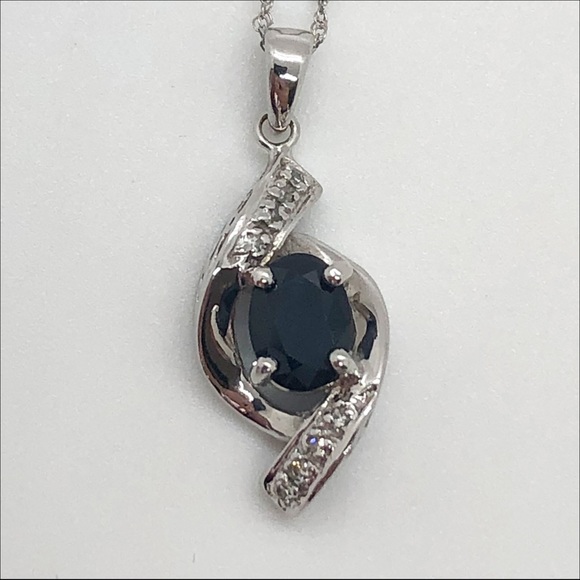 14k white gold blue sapphire and diamond pendant 14k chain necklace - Picture 3 of 10